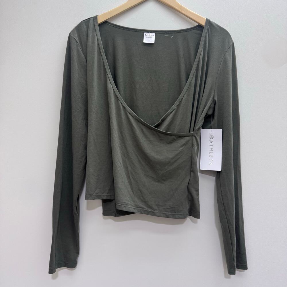 NWT Athleta Olive Green Fast Track Ease Rib Reversible Wrap Top sz L Active Yoga